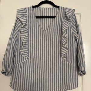 Striped V-Neck Ruffle Blouse - Blue & White